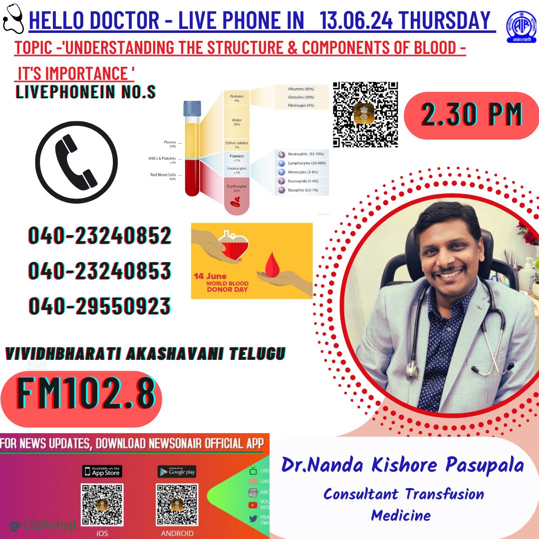 AirCbshyd's tweet photo. #LivePhonein update HelloDoctor 13.06.24  today at 2.30pm on #VividhbharatiTelugu #FM102.8

Topic-'understanding the structure components of Blood -Its importance '

Dr. Nanda Kishore Pasupala
Consultant Transfusion Medicine
Phone in No.s
040-23240852
040-23240853
040-29550923 https://t.co/YUzyWV6KFH