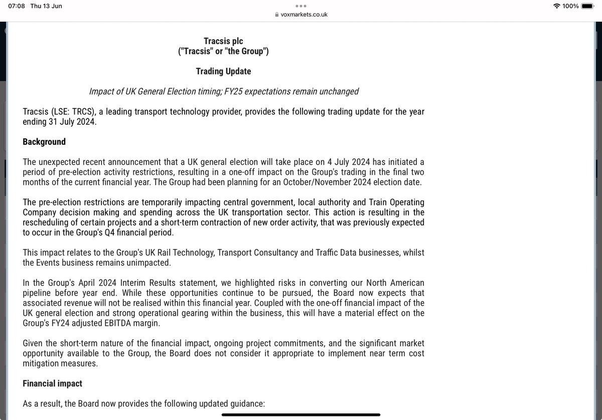reb40's tweet image. #TRCS Another Day Another Profit Warning ⚠️ as the forthcoming GE stops play

Apparently “pre-election restrictions are temporarily impacting spending across the UK transportation sector” as local government sit on their hands 🤷🏻‍♀️

Revenue now £80-82m vs £84-85.9m
FY25 unaffected