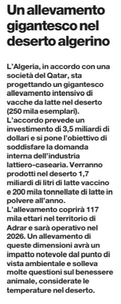 Il modello USA-Europa-Cina dell’allevamento intensivo continua a fare vittime. Di tutti i tipi e di tutte le specie. 
“250mila vacche da latte nel deserto algerino, progetto di società del Qatar”.
(Da L’Extraterrestre)