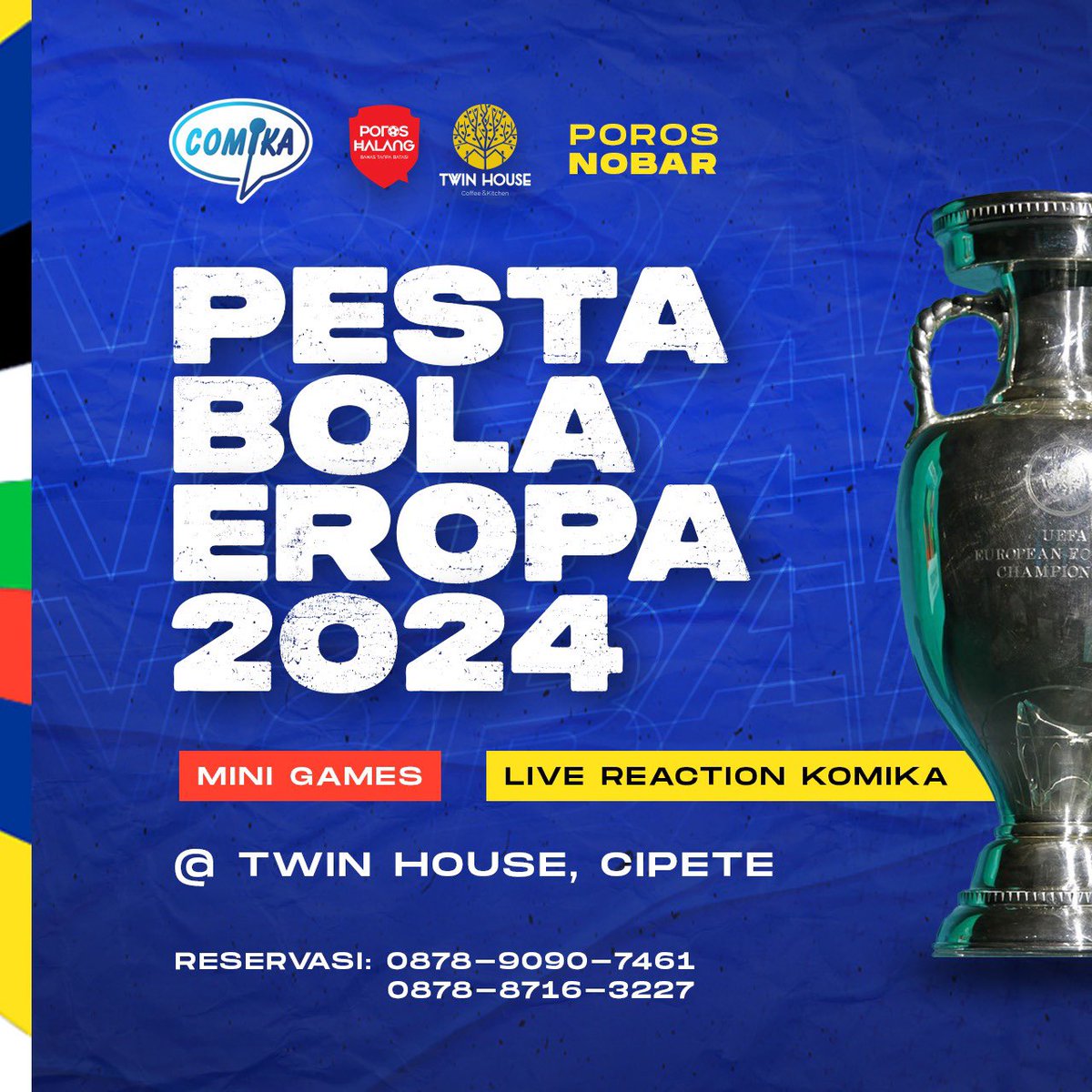 Pesta Bola Eropa akan hadir di Twin House Cipete!

Mari saksikan bersama keseruan duel negara-negara terbaik eropa yg akan dikemas dengan games serta live reaction dr para komika <a href="/comika_id/">Video Stand-Up Comedy Indonesia</a>! 

Dimulai dengan laga Spanyol vs Kroasia sabtu nanti, silahkan follow <a href="/comika_id/">Video Stand-Up Comedy Indonesia</a> atau