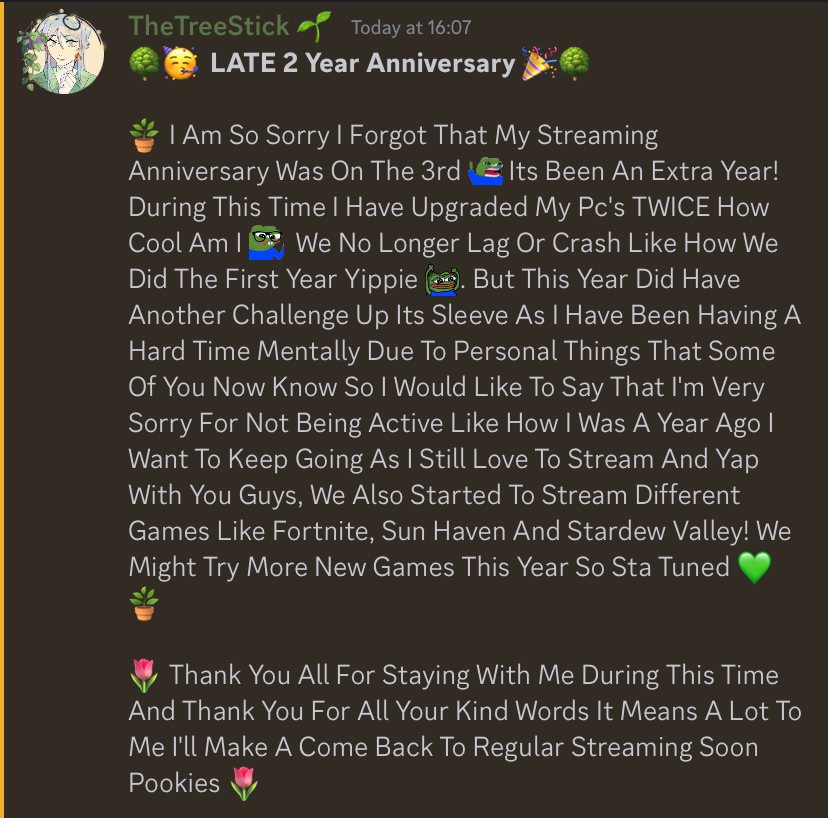 TheTreeStick's tweet photo. 🍃 HAPPY 2 YEAR ANNIVERSARY ON TWITCH (im late) Thank You All For Sticking Around Another Year I Hope To See You At The Next One 💚🍃 https://t.co/fBG03wsfwx