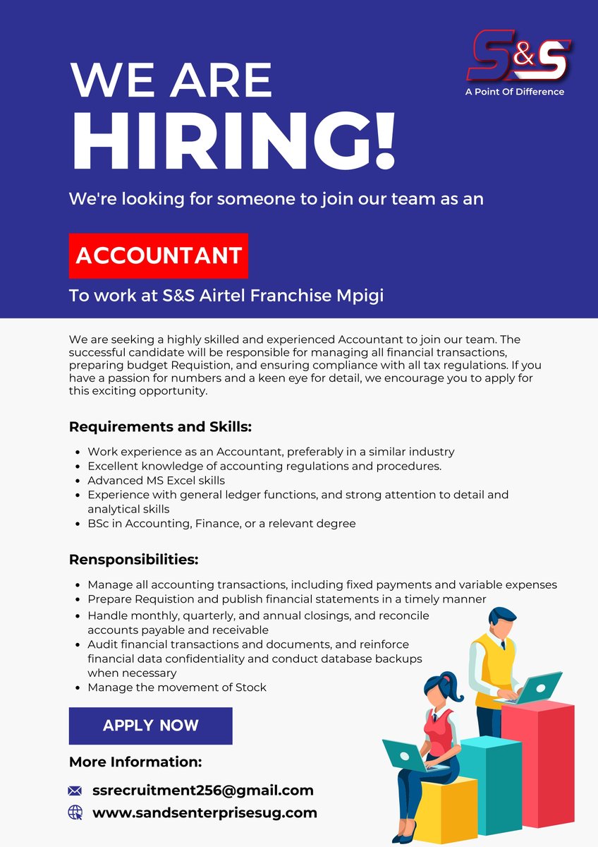 s_supermarkets's tweet photo. We are seeking a highly skilled and experienced Accountant to join our team. He/She will be working on one of our enterprises in mpigi.
#SandS #SandSAirtelFranchise #SandSSupermarket #SandSRestaurant #SandSSaloon #SandSWashingBay #SandSInternetCafe #SandSAgencyBanking #sportskit https://t.co/fogxycCLcx