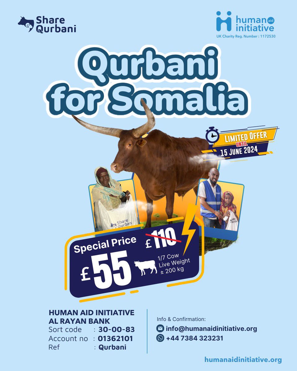 More than half of the Somali population live below the poverty line. Natural disasters including droughts, famines, floods and cyclones have put millions at risk of severe malnutrition and outbreaks of diseases. Give and book your best Qurbani for Somalia: humanaidinitiative.org