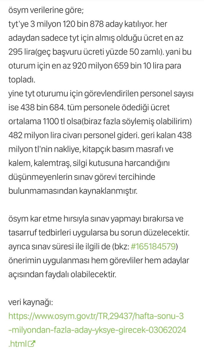 ÖSYM sınavlardan kar etme mantığından vazgeçmeli, sınav görevlilerine ödenen ücretleri gözden geçirmelidir. 
<a href="/OSYMbaskanligi/">ÖSYM</a> <a href="/egitimsen/">Eğitim Sen</a> <a href="/egitimis/">Eğitim-İş</a> <a href="/EgitimBirSen/">Eğitim-Bir-Sen</a> <a href="/turkegitimsen/">Türk Eğitim Sen</a>