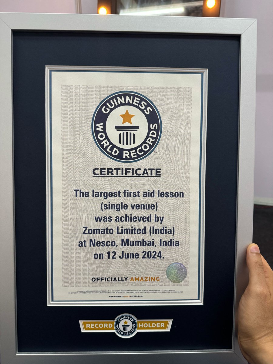Yesterday in Mumbai, we broke the 𝐆𝐮𝐢𝐧𝐧𝐞𝐬𝐬 𝐖𝐨𝐫𝐥𝐝 𝐑𝐞𝐜𝐨𝐫𝐝s for the largest first aid lesson at a single venue, together with 4,300 delivery partners.

Over 30,000 <a href="/zomato/">zomato</a> delivery partners are now professionally trained to provide medical aid and help during