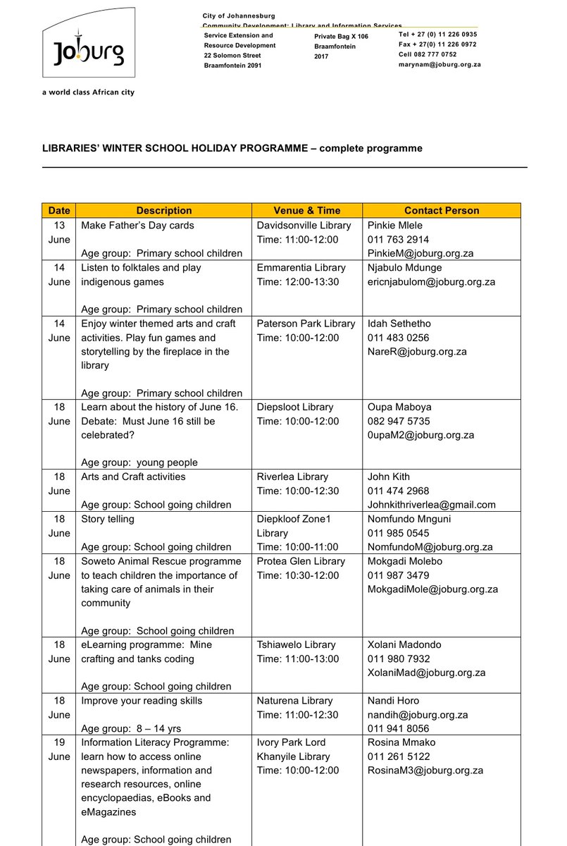 CityofJoburgZA's tweet photo. The City’s libraries have a fantastic line-up of activities to engage and entertain pupils during the winter holidays.
 
There are a number of fun-filled activities for youngsters across all seven regions of Johannesburg until 28 June 2024.

#JoburgLibraries
#YouthMonth
#JoburgYouth ^GZ