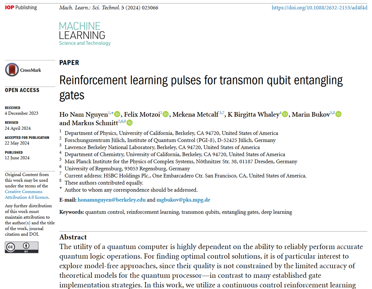 Great new work by K Birgitta Whaley <a href="/MarinBukov/">Marin Bukov</a> Markus Schmitt et al <a href="/fz_juelich/">Forschungszentrum Jülich | @fzj@social.fz-juelich</a> <a href="/UCB_Chemistry/">College of Chemistry</a> <a href="/BerkeleyLab/">Berkeley Lab</a> <a href="/mpi_pks/">MPI-PKS Dresden</a> - 'Reinforcement learning pulses for transmon #qubit entangling gates' - iopscience.iop.org/article/10.108… #machinelearning #quantumcomputing #QML #algorithms #AI #control