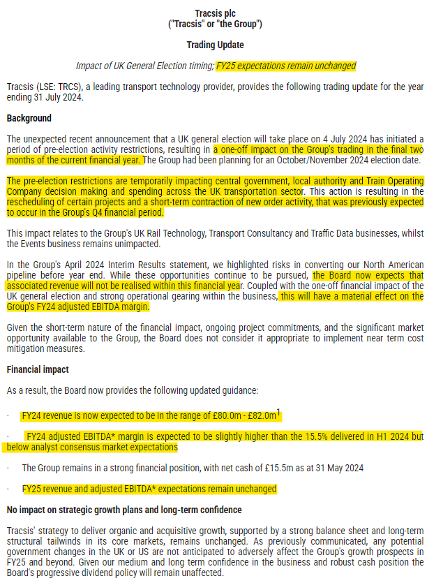 1James1n1's tweet image. #TRCS - Timing of UK GE seems to have brought forward a lower period of activity from FY25 into FY24, coupled with US contract delays but oddly, &quot;FY25 expectations remain unchanged&quot; when one would have thought they should receive a positive boost from both impacts... 🤔