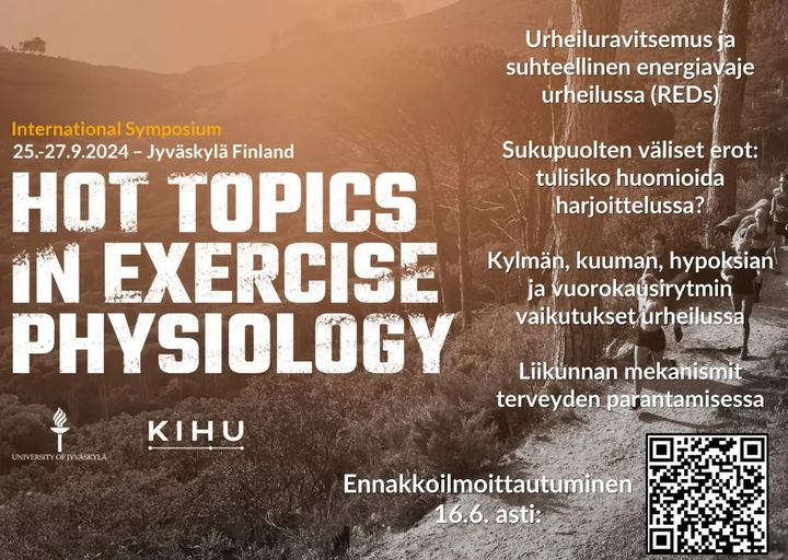 Biology of Physical Activity (@jyubiolpa) on Twitter photo Vielä muutama päivä ennakkoilmoittautumista jäljellä. Saimme upean kattauksen puhujia Suomesta ja maailmalta. Tervetuloa!
jyu.fi/en/events/hot-…
<a href="/jokasten/">Johanna Ihalainen</a> @jejkarppinen @SiraKarvinen @EeroHaapala @RituTM <a href="/Kivela_lab/">Riikka Kivelä</a> <a href="/MaaritLehti/">Maarit Lehti</a> <a href="/KIHUFinland/">KIHU</a> <a href="/JYUsport_health/">JYU Faculty of Sport and Health Sciences</a> Vielä muutama päivä ennakkoilmoittautumista jäljellä. Saimme upean kattauksen puhujia Suomesta ja maailmalta. Tervetuloa!
jyu.fi/en/events/hot-…
<a href="/jokasten/">Johanna Ihalainen</a> @jejkarppinen @SiraKarvinen @EeroHaapala @RituTM <a href="/Kivela_lab/">Riikka Kivelä</a> <a href="/MaaritLehti/">Maarit Lehti</a> <a href="/KIHUFinland/">KIHU</a> <a href="/JYUsport_health/">JYU Faculty of Sport and Health Sciences</a>