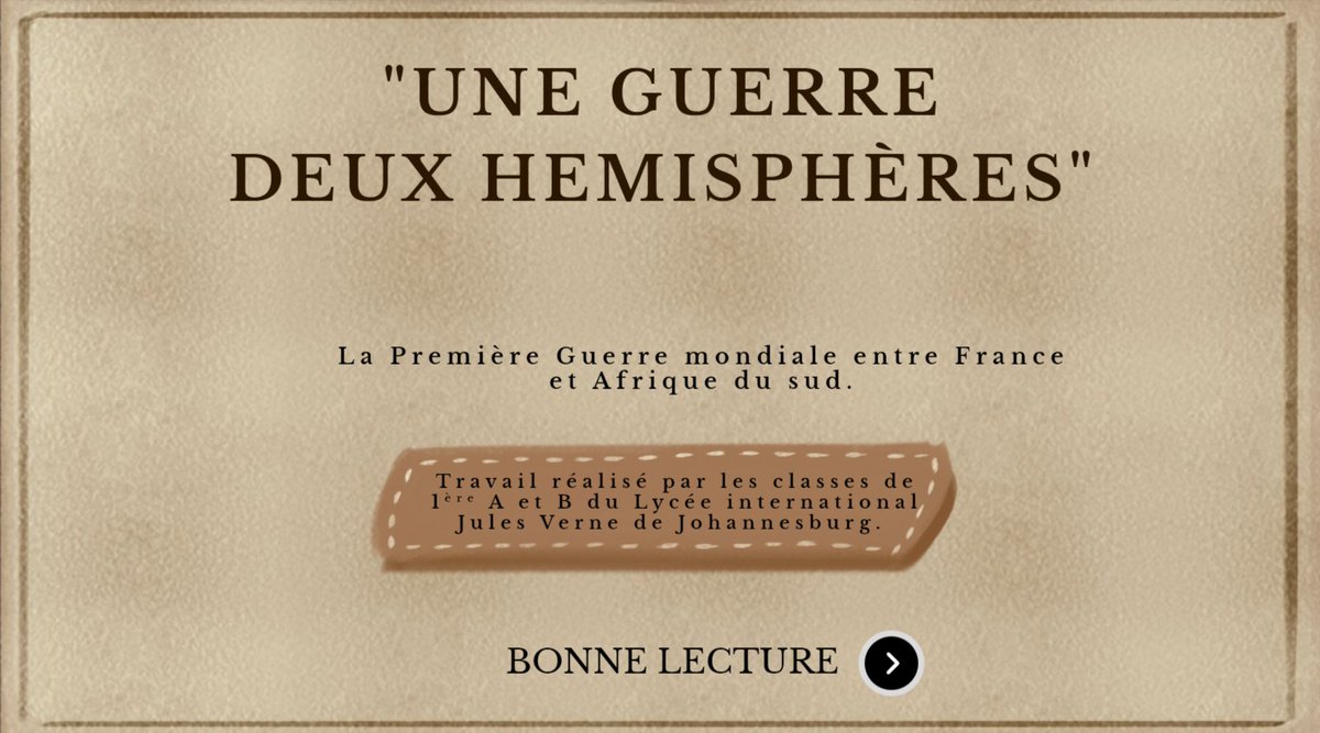 Ravie de partager la réalisation des 1ère
<a href="/FrenchSchoolZA/">Lycee Jules Verne</a> #AEFE "Une guerre, deux hémisphères" est un travail sur la Première Guerre mondiale en France et en Afrique du sud <a href="/Armees_Gouv/">Ministère des Armées</a> #Parcourscitoyen #mémoire  cheminsdememoire.gouv.fr/fr/educadef
