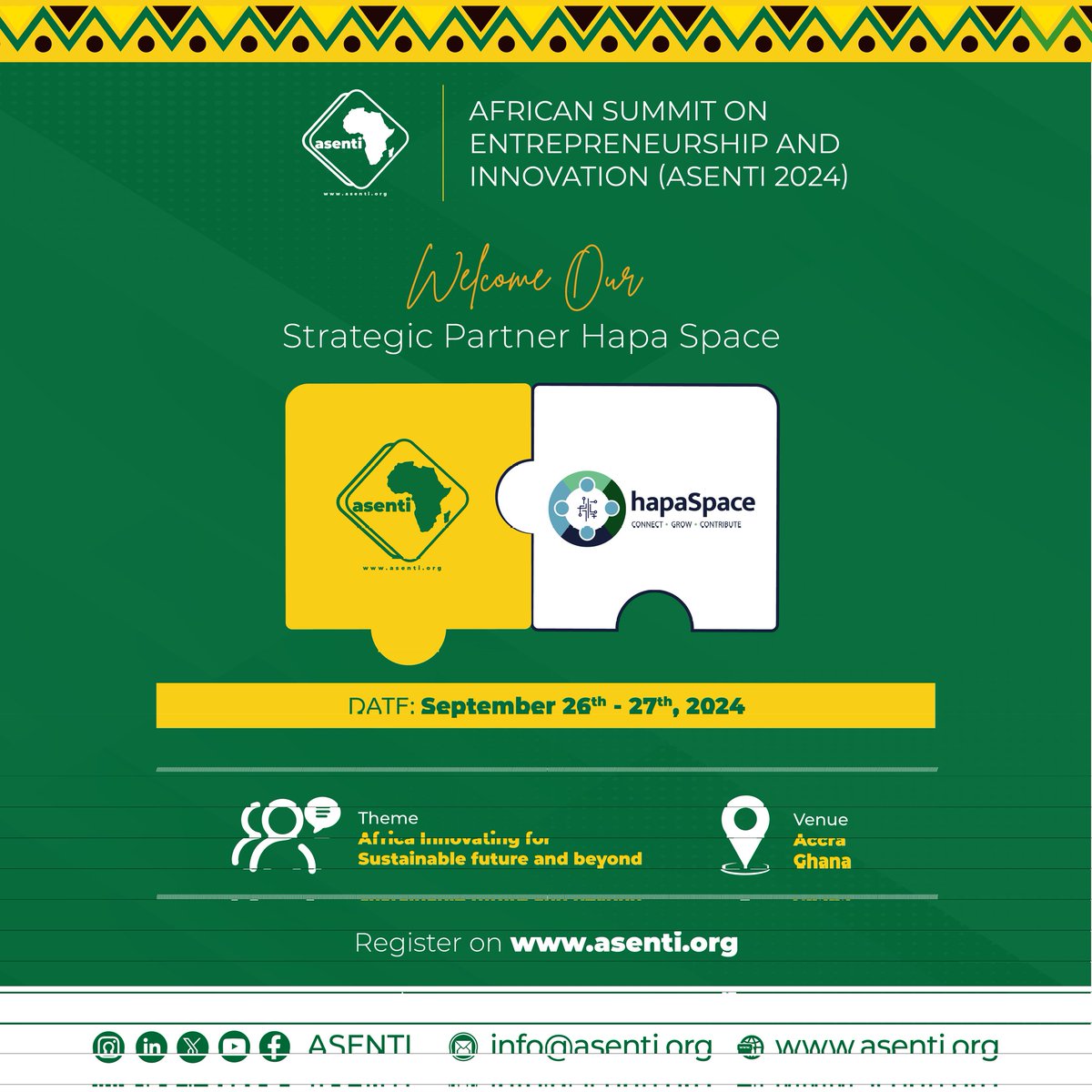 #ASENTI2024 Accra Ghana (@asentike) on Twitter photo We are excited to welcome <a href="/hapaSpace/">hapaSpace</a> as our strategic partner for the African Summit on Entrepreneurship and innovation Asenti. Register today  asenti.org and join us for a great Summit in the city of Accra Ghana. <a href="/GideonBrefo/">Gideon Brefo #BusinessCoach #Trainer #Founder</a>  <a href="/calvinjodisi/">Calvin Jodisi #RealChange</a>  <a href="/ghanatourismGTA/">Ghana Tourism Authority</a> We are excited to welcome <a href="/hapaSpace/">hapaSpace</a> as our strategic partner for the African Summit on Entrepreneurship and innovation Asenti. Register today  asenti.org and join us for a great Summit in the city of Accra Ghana. <a href="/GideonBrefo/">Gideon Brefo #BusinessCoach #Trainer #Founder</a>  <a href="/calvinjodisi/">Calvin Jodisi #RealChange</a>  <a href="/ghanatourismGTA/">Ghana Tourism Authority</a>
