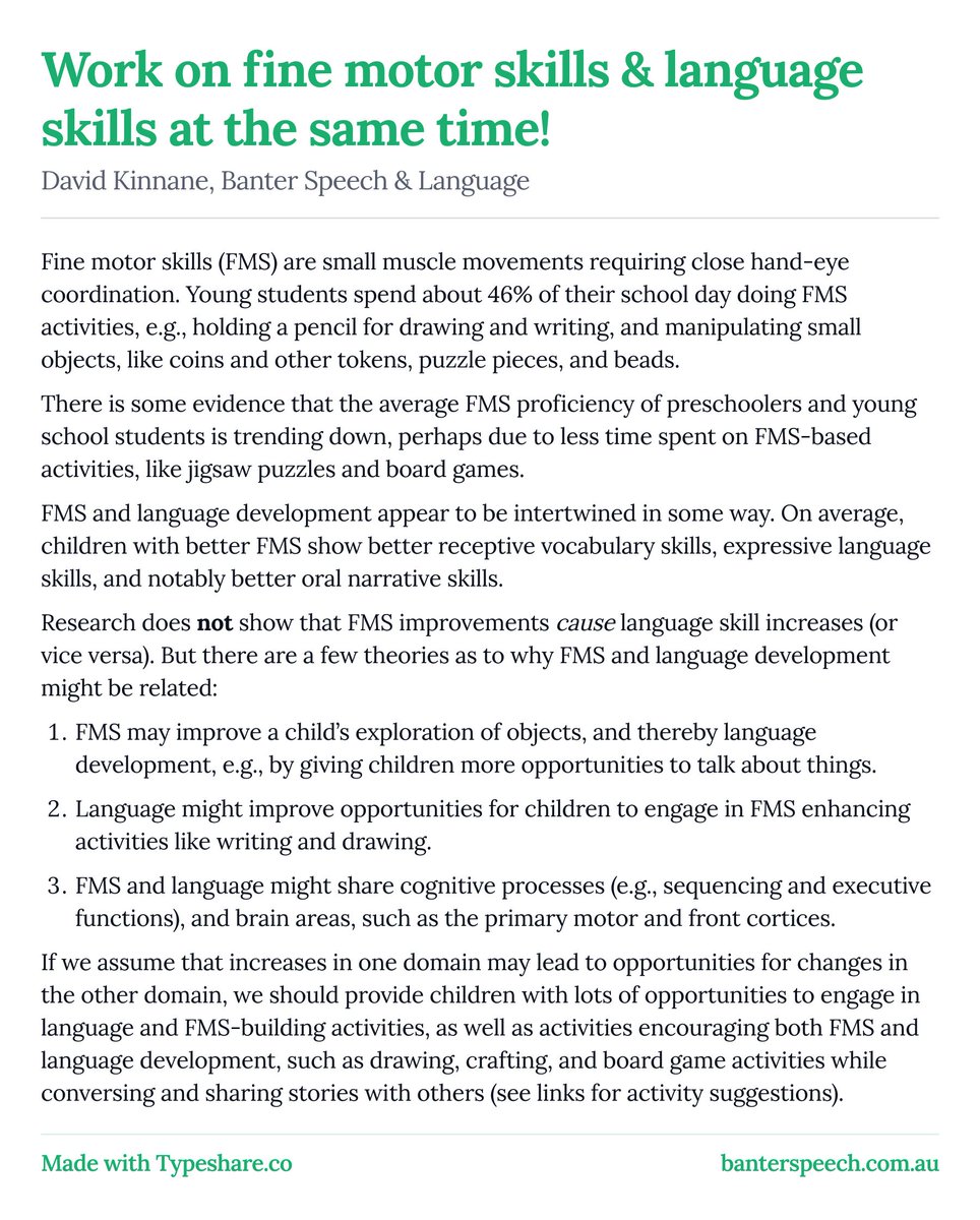 BanterSpeech's tweet image. With thanks to Winter, Stoeger & Suggate, here’s why I advise families of preschoolers/young school-age kids with developmental & learning delays to work on fine motor skills & language skills at the same time! For activity suggestions bit.ly/3XrGPUl #slpeeps #devlangdis