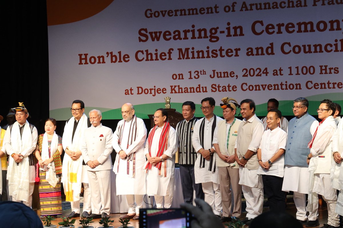 himantabiswa's tweet photo. Many congratulations to Shri @PemaKhanduBJP ji and Shri @ChownaMeinBJP ji on taking oath as the Chief Minister and Deputy Chief Minister of Arunachal Pradesh and to all their colleagues in the Council of Ministers.

The emphatic victory of @BJP4Arunachal shows the continued trust people have in the leadership of Hon'ble Prime Minister Shri @narendramodi ji and the policies of our Double Engine Government. 

I'm confident that the new Government will continue with its pro-people policies and herald fast paced growth in the State.