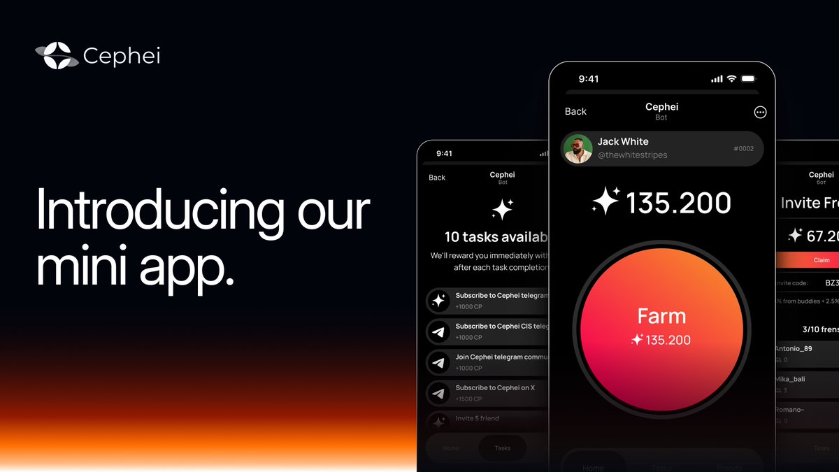 Introducing our first app!

Launch Farm, complete tasks, invite frens and get points for it!

Mini-App is just one of our first products, more exciting announcements to come, stay tuned.

You can find our Mini App here — t.me/Cephei_fi_bot