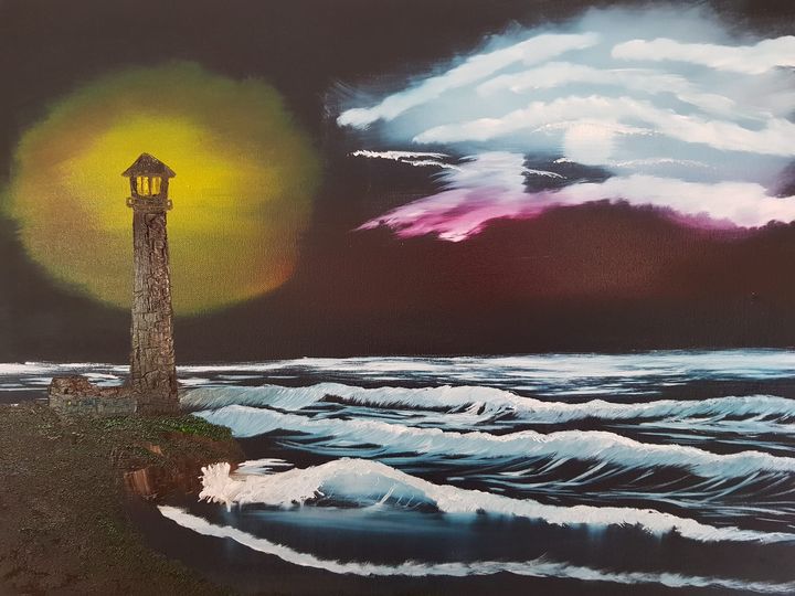 EmmaMilesShadow's tweet photo. My first attempt at a Bob Ross seascape. Had a few happy accidents but it's not too dreadful. 
#BobRoss https://t.co/CVsG2A7de2