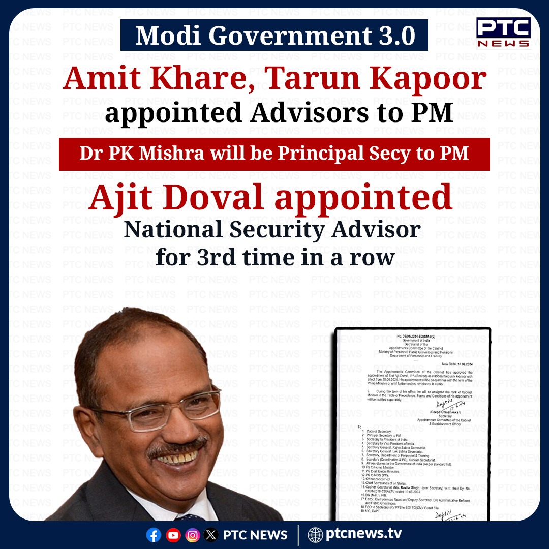ptcnews's tweet image. Modi Government 3.0
#ModiGovernment #Modi30 #ModiCabinet #AjitDoval #AmitKhare #TarunKapoor #PKMishra #NationalSecurityAdvisor #PrincipalSecretary #PTCNews
