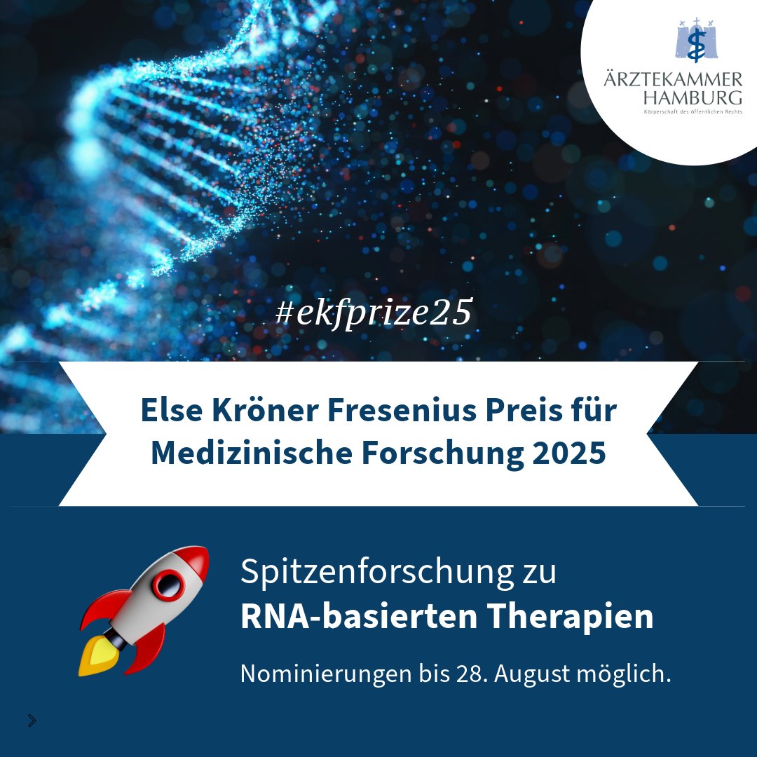 Ärztekammer Hamburg (@aekhamburg) on Twitter photo 🏆 Hervorragende #Forschung verdient Anerkennung! Der Preis ist mit 2,5 Mio. Euro dotiert und wird von der <a href="/EKFStiftung/">Else Kröner-Fresenius-Stiftung</a> an Forscher:innen verliehen, die herausragende Leistungen im Bereich der #RNA-basierten Therapien vollbringen. 💡 Mehr zum #ekfprize25: t1p.de/an28b 🏆 Hervorragende #Forschung verdient Anerkennung! Der Preis ist mit 2,5 Mio. Euro dotiert und wird von der <a href="/EKFStiftung/">Else Kröner-Fresenius-Stiftung</a> an Forscher:innen verliehen, die herausragende Leistungen im Bereich der #RNA-basierten Therapien vollbringen. 💡 Mehr zum #ekfprize25: t1p.de/an28b