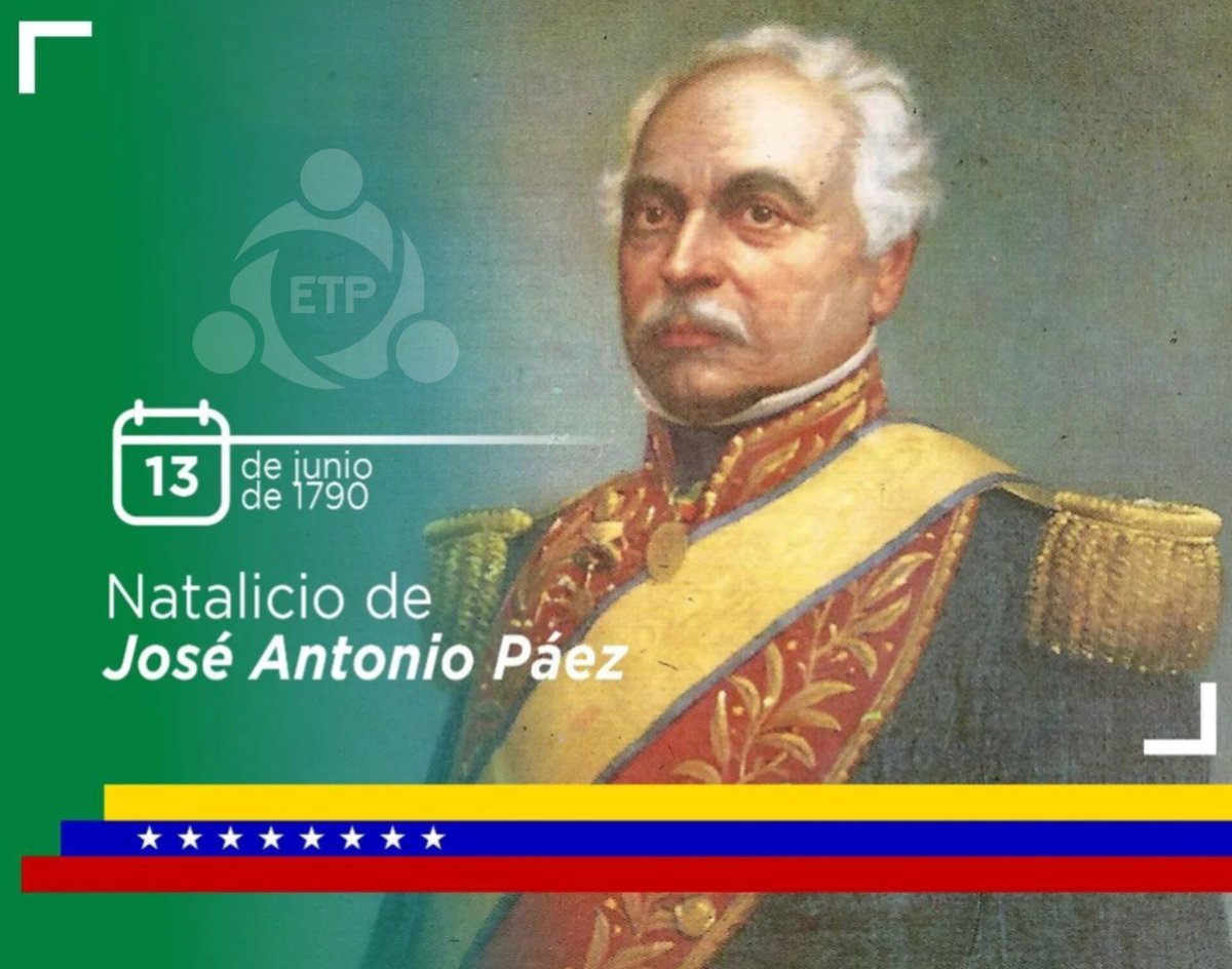 #Efemérides || JOSÉ ANTONIO PÁEZ 

Tal dia como hoy pero el 13 de junio del año 1790 nació el guerrero grande de los llanos conocido como el “Centauro de los Llanos”, José Antonio Páez. #13Jun #ChávezSoyYoChávezEresTu #FelizJueves #Venezuela