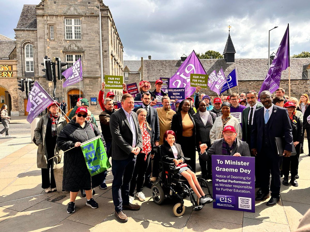 GlasgowPam's tweet photo. This morning @EISUnion were outside parliament calling for the Minister for FE &amp; HE to have his wages deemed for ‘partial performance’.

Time &amp; again the Minister has refused to act, he’s been missing in action whilst disputes roll on.

It’s high time he stepped up &amp; did his job. https://t.co/6Wi1902Uvl
