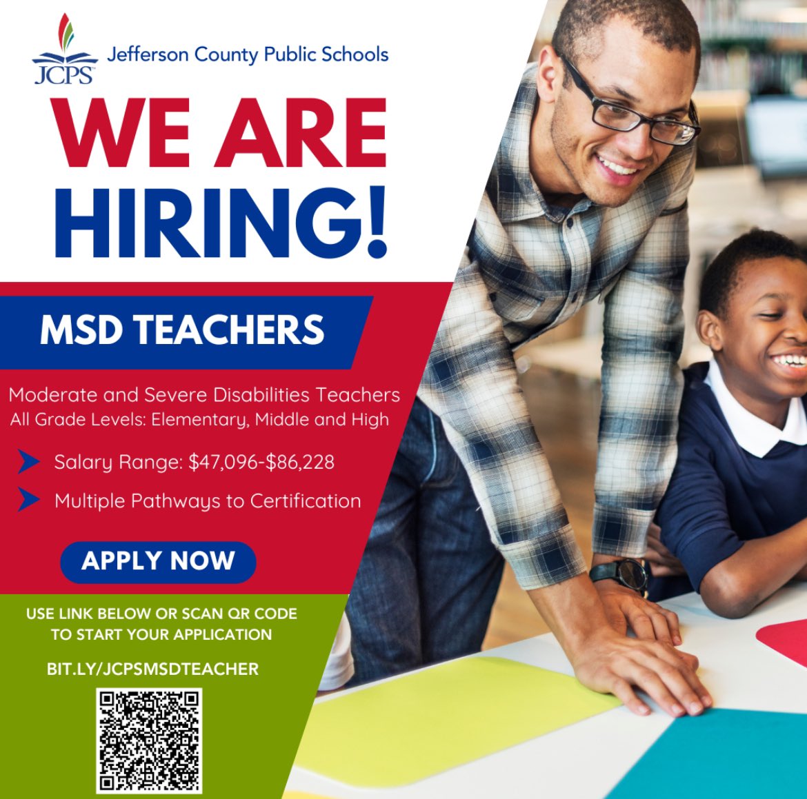 🚨 **WE ARE HIRING!** 🚨

JCPS is looking for passionate and dedicated Moderate and Severe Disabilities Teachers for all grade levels.

📚 **Position:** MSD Teachers  
💼 **Salary Range:** $47,096 - $86,228  
📈 **Multiple Pathways to Certification** 

👉 bit.ly/JCPSMSDTEACHER
