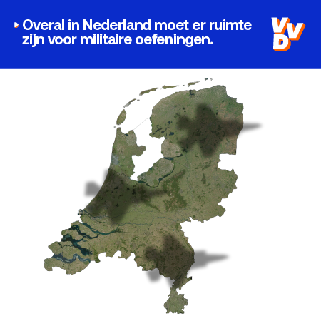 VVD's tweet image. Terwijl onze veiligheid op het spel staat, stuit defensie op klachten van omwonenden over geluidsoverlast.

Die verwende houding kunnen we niet veroorloven. Onze krijgsmacht moet de ruimte krijgen.

Daarom moeten inspraakprocedures fors worden ingekort.
vvd.nl/nieuws/defensi…