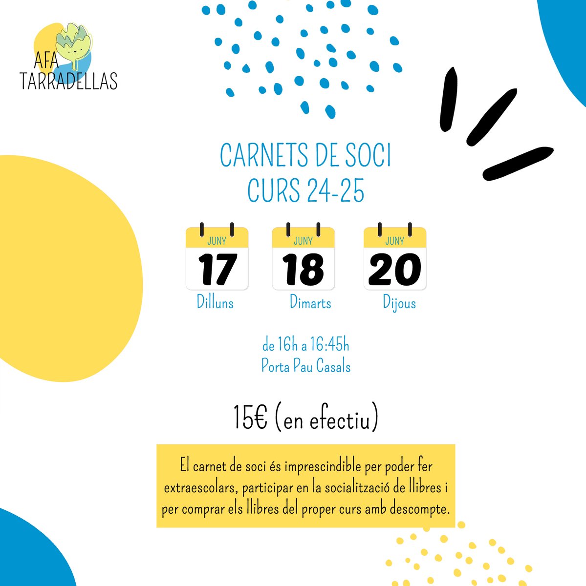 afatarradellas's tweet photo. ¡CARNETS SOCIS DE L'AFA 2024-25!
Ja arriba el moment de fer els carnets de soci pel proper curs, aquest any els farem presencialment:

📅Dies 17, 18 i 20 de juny, de 16 a a 16:45h 
💵Preu= 15€ (només en metàl·lic)
📌A l’entrada de Pau Casals https://t.co/kvT5oRRHij