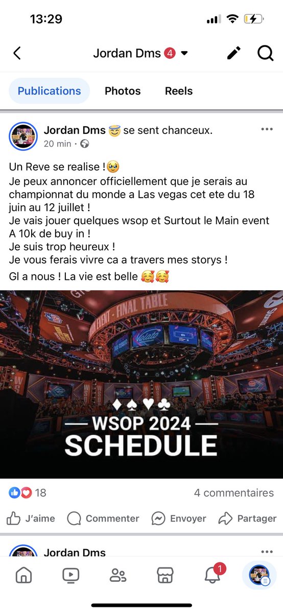 Un Reve se realise !🥹
Je peux annoncer officiellement que je serais au championnat du monde a Las vegas cet ete du 18 juin au 12 juillet !
Je vais jouer quelques wsop et Surtout le Main event A 10k de buy in !
Je suis trop heureux ! 
Gl a nous ! La vie est belle !