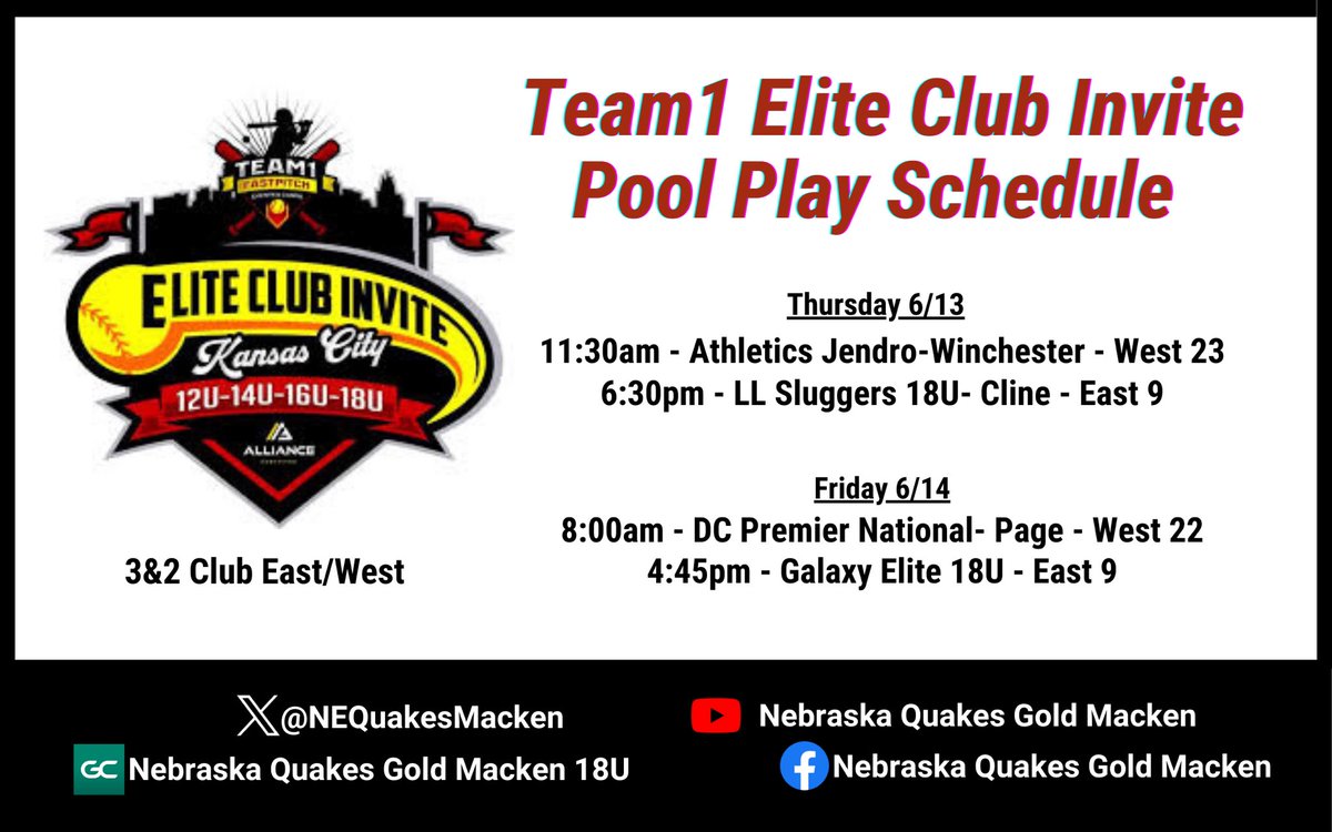 Headed to KC for Team1 Elite Club Invite! Here’s our pool schedule for today and tomorrow.