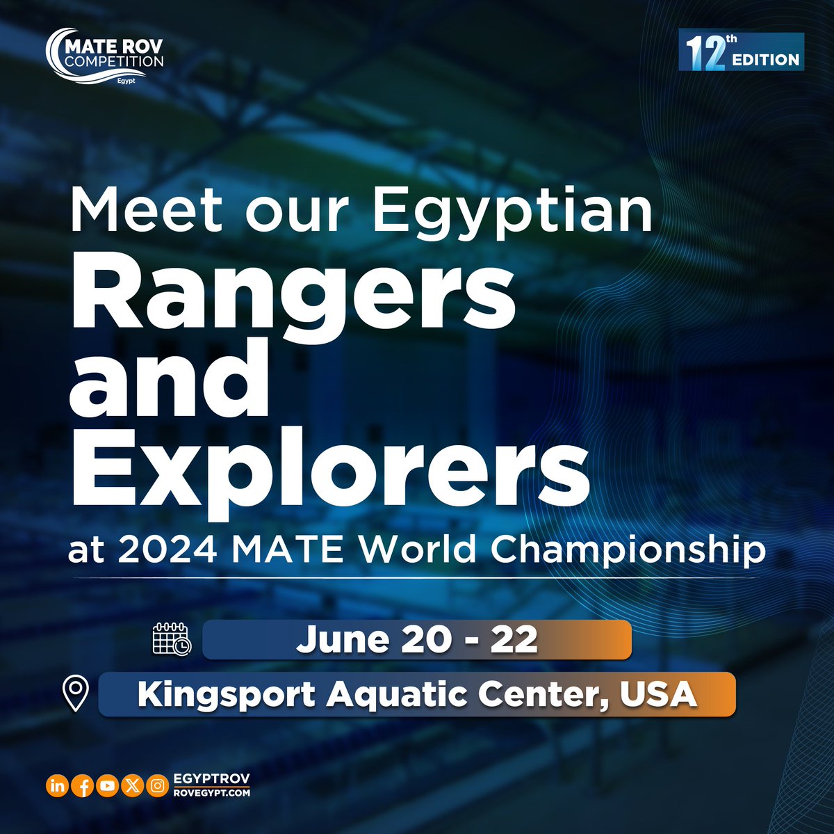 EgyptROV's tweet photo. Heading to MATE World Championship!

Join us at the Kingsport Aquatic Center, USA, from June 20-22, 2024, as we compete on the international stage with our qualified Champions from Ranger &amp; Explorer categories of the 12th edition.

Stay tuned for the World Championship coverage. https://t.co/EjLdA4wog7