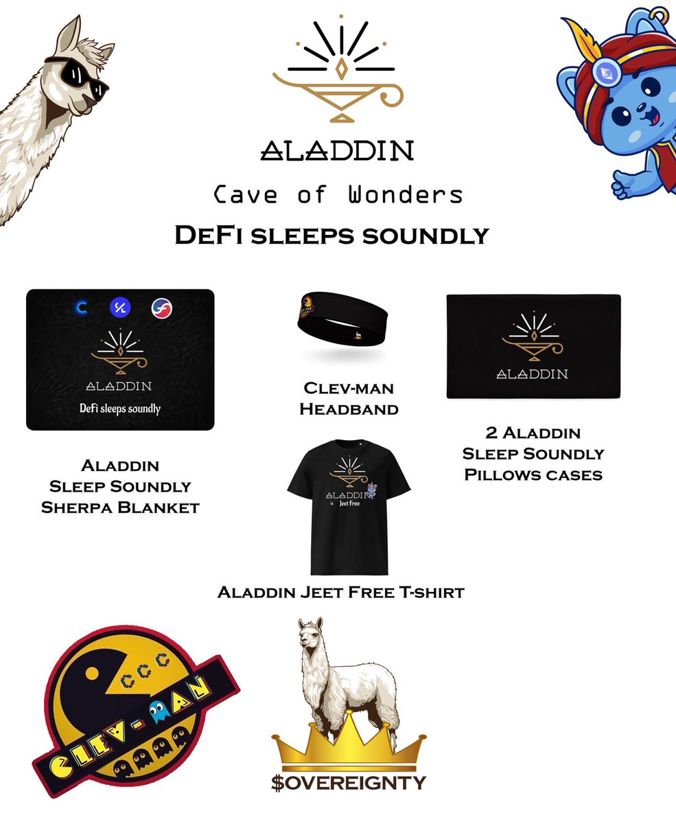 🧞 GIVEAWAY 🧞😴

🛏️ This magnificent collection  for  you and your house with $clev man and unique merch <a href="/aladdindao/">AladdinDAO (STABLE, LEVERED)</a> 

🔵Follow <a href="/aladdindao/">AladdinDAO (STABLE, LEVERED)</a> &amp; <a href="/ATeamDefi/">The A-Team</a> 
🔴Like &amp; RT (button  RT)

winner will be announced 17 June 17:00 UTC -1 

If you love the protocols of #Aladdindao you will