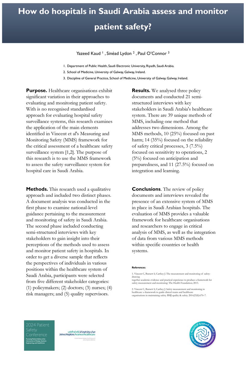 YazeedKaud's tweet photo. I was privileged to present a poster at #JHAH International Quality and Patient Safety Conference, focusing on my main area of interest: assessing and monitoring patient safety. Thanks to co-authors @sinead_lydon, @poc_doctor, organizers and participants of this great conference https://t.co/AOx4HVVLrz