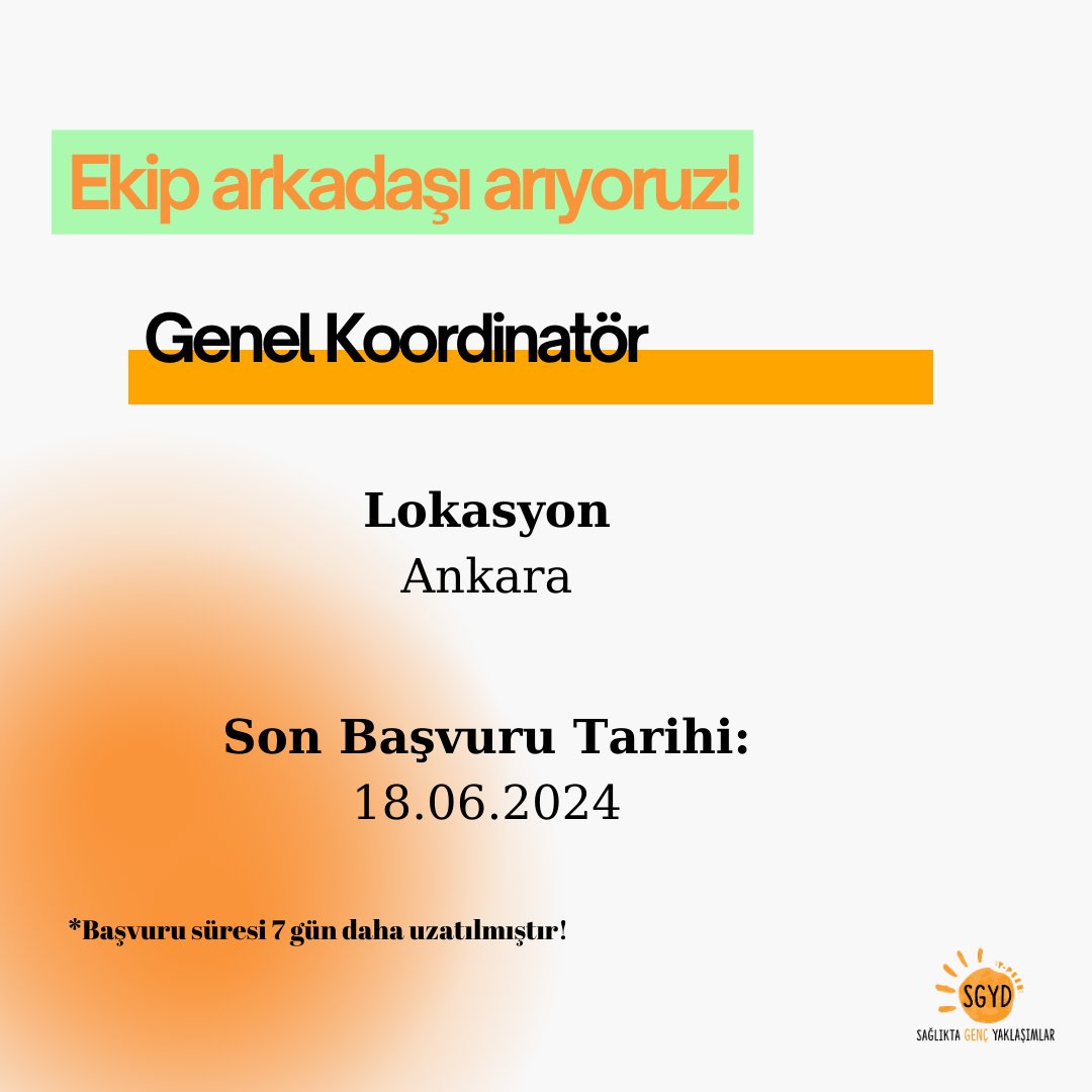 *Başvuru süresi 18 Haziran 2024'e kadar uzatılmıştır!

Genel Koordinatör pozisyonunda çalışacak ekip arkadaşı arıyoruz!  

Pozisyon ile ilgili detaylı bilgi için : linktr.ee/sagliktagenc