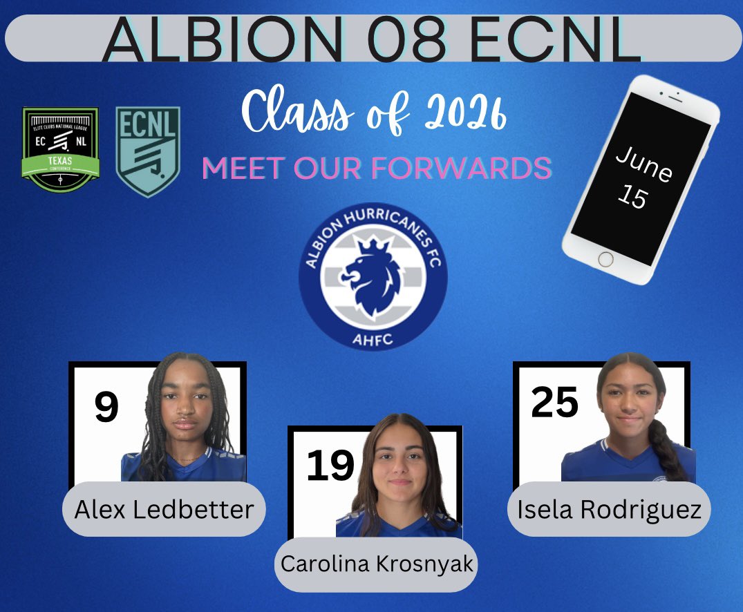We are 2 days away from our Class of 2026 beginning their recruitment process.  Coaches, check out our talented group of forwards!

<a href="/AlexandriaLedb1/">Alexandria Ledbetter</a> 
<a href="/ck_krosnyak/">ckrosnyak19</a> 
Isela Rodriguez

You can catch them in action June 22-27 in Seattle at the ECNL Playoffs.