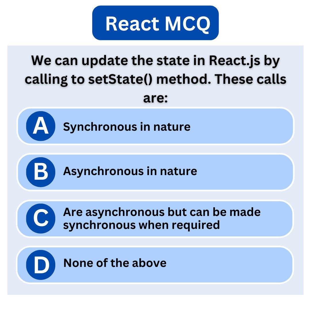Bhavana83491661's tweet photo. React MCQ
.
.
.
.
write your answer in the comment section
https://t.co/wAmB13p68H
and also you can check the answer at the above link at https://t.co/l7zADlRGeX. 32
.
.
.
.
#reactjs #nodejs #angularjs #redux #flux #jquery #reactjsx #nodejs https://t.co/lCci8mY4l0