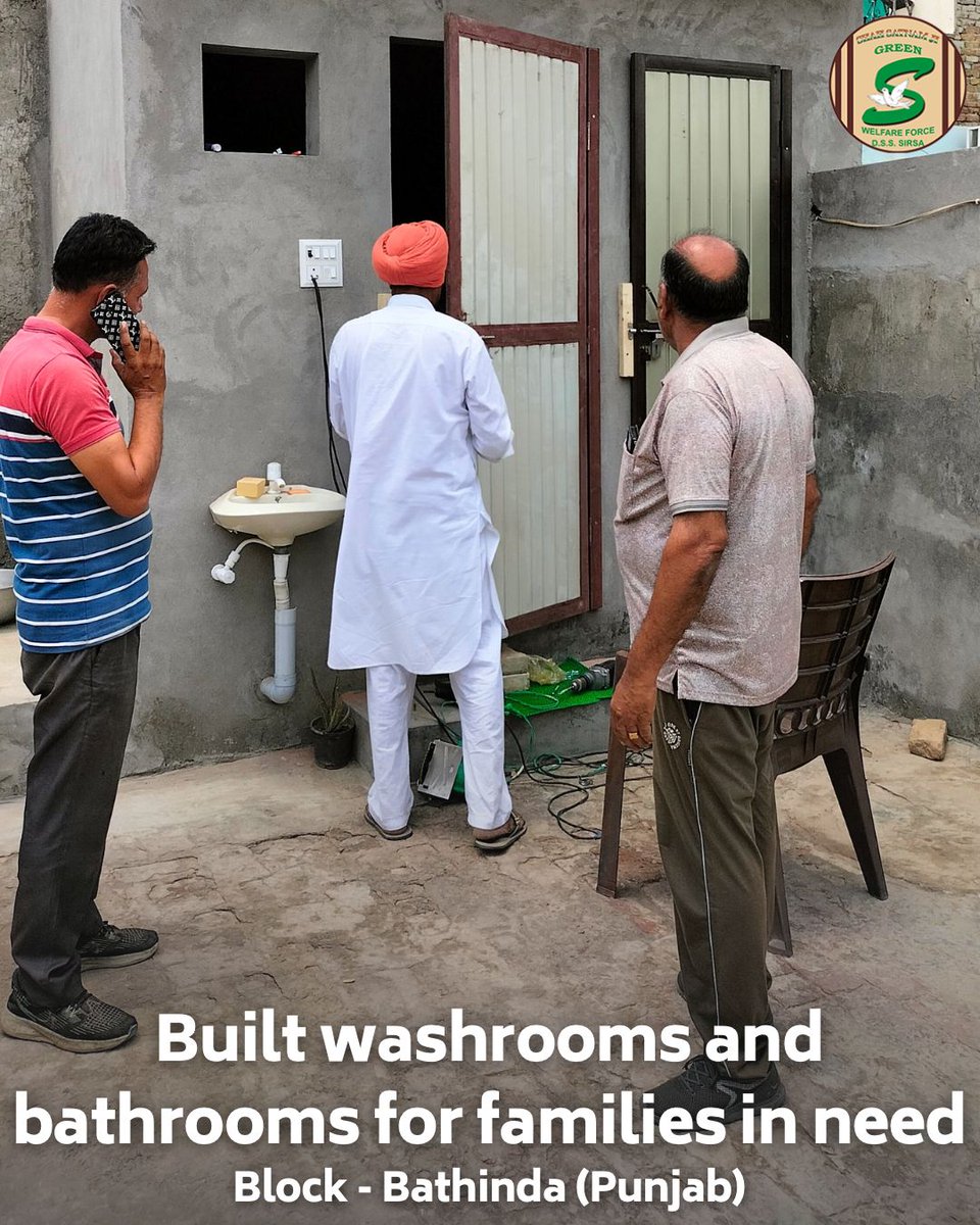 GreenSwelfares's tweet photo. Lending a helping hand in Bathinda, Punjab, Shah Satnam Ji Green ’S’ Welfare Force Wing volunteers brought a wave of relief to a deserving family.  These kind hearted individuals constructed vital washrooms and bathrooms within the family's home, addressing a basic need and creating a more sanitary and comfortable living space.  This act of generosity exemplifies the core principle of service and  making a tangible difference in the lives of those in need. #EaseOfLiving #DeraSachaSauda