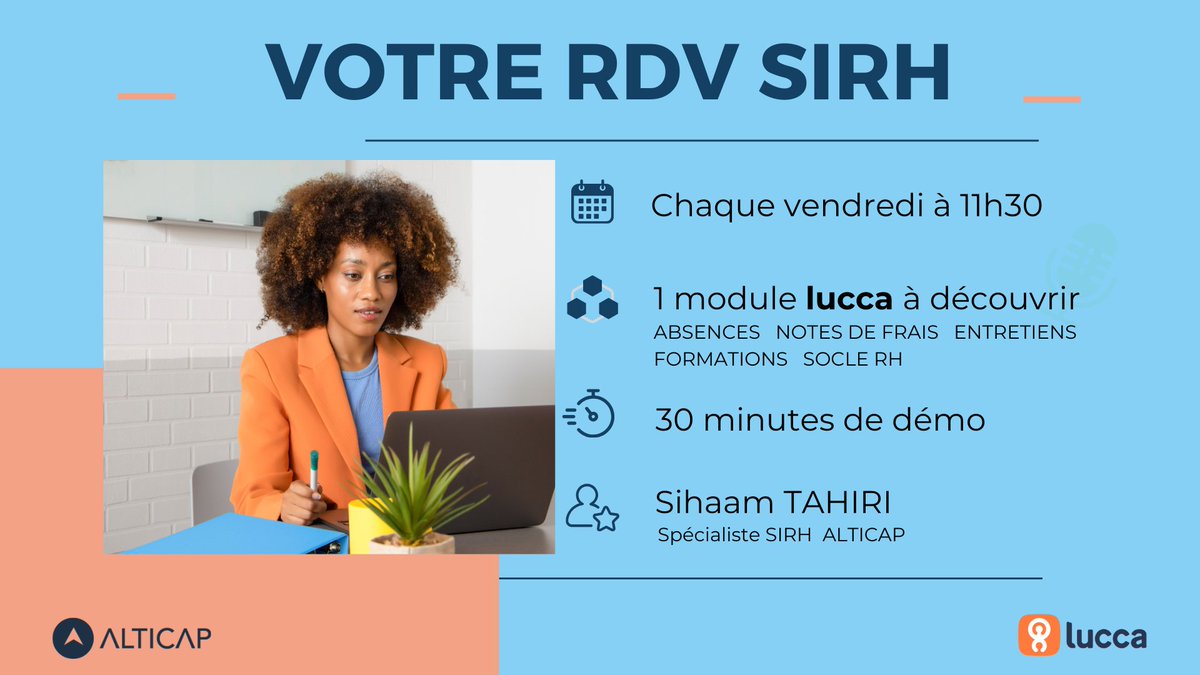 ⚡Votre nouveau RDV #SIRH !
Chaque vendredi matin à 11h30, notre spécialiste SIRH, vous présente un outil de notre partenaire <a href="/LuccaSoftware/">Lucca</a> .

⏰ En 30 minutes, découvrez comment simplifier la gestion #RH et repartez avec des conseils clés.

ℹ️ Infos : alticap.com/webinars