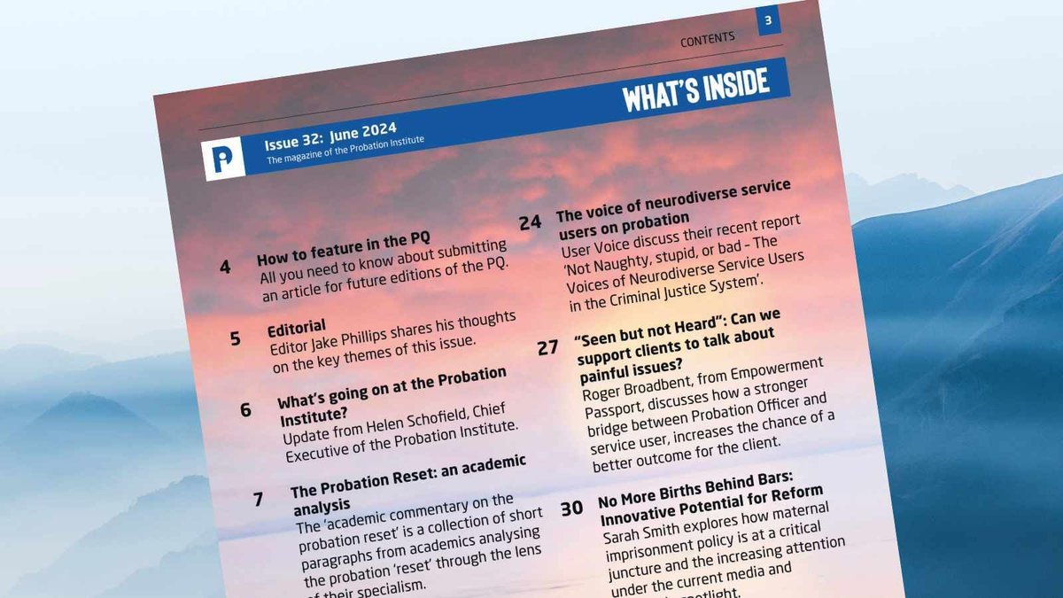 Probation Quarterly released today, thanks to contributors Richard Lakin from @HMPPS, Janet Carter, <a href="/uservoiceorg/">User Voice</a> Roger Broadbent from <a href="/EmpowermentPas1/">Empowerment Passport</a>, Sarah Smith, <a href="/matt_tidmarsh/">Dr Matt Tidmarsh</a>, Joe Winkler from <a href="/FL_Corrections/">Florida Department of Corrections</a> buff.ly/2UHtEg4