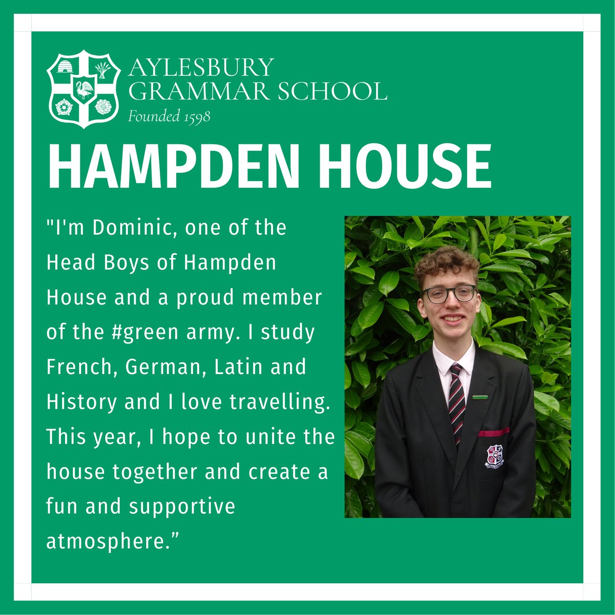 AGSHouses's tweet image. ➡MEET THE LEADERSHIP TEAM⬅
Dominic - Head Boy of #AGSHampden House🟩

🔵🟩🟡🟪🔴🟦 
#BelongingAndCamaraderie
#DevelopingCharacter

@AGSFounded1598