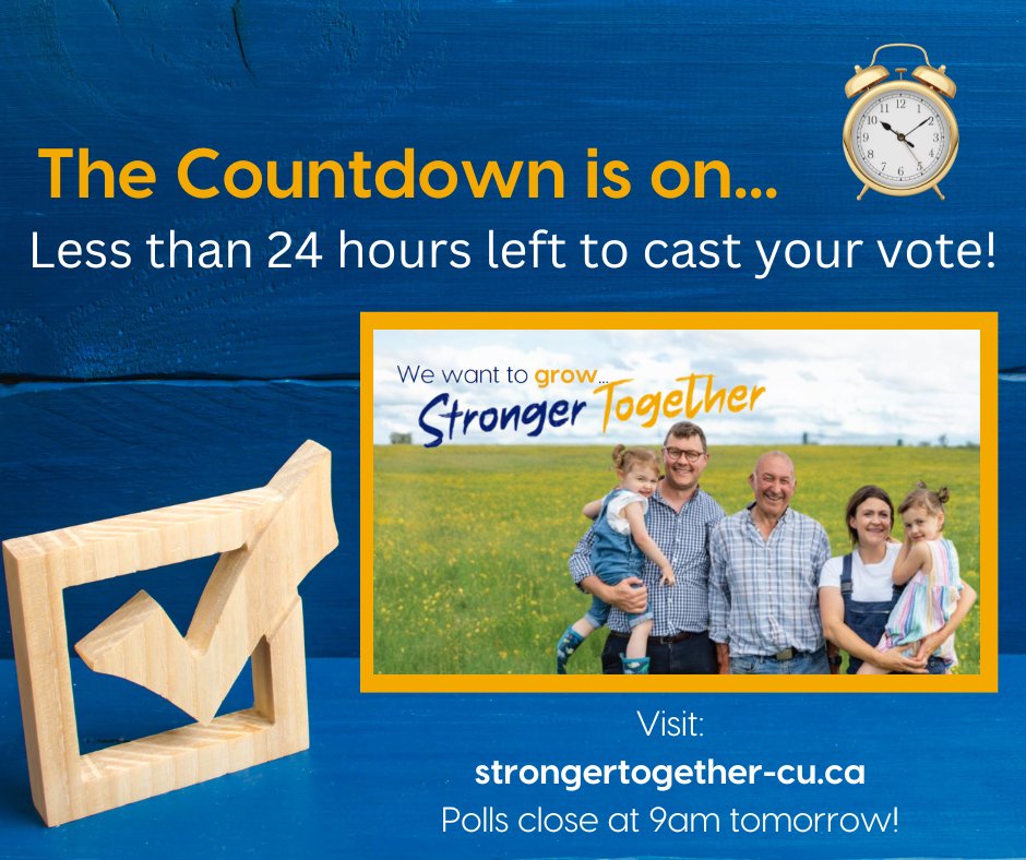 Last chance for you to cast your vote!
We need your help to 🌱GROW 🌱and become Stronger Together! 
Don't forget, $1 from every vote will be donated to the Windsor Food Bank &amp; Hants North Food Bank
Learn more at strongertogether-cu.ca and don't forget to vote while you're there!