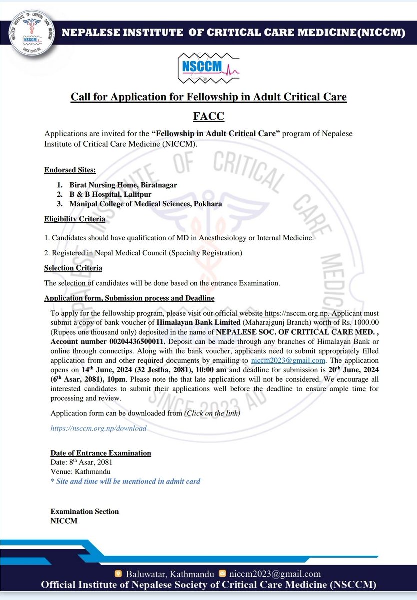 NSCCM (@nsccmofficial) on Twitter photo Applications open for July Session of Fellowship in Adult Critical Care (FACC).
<a href="/drsuvash/">Subhash P. Acharya</a> <a href="/DrSabinKoirala/">Sabin Koirala</a> Applications open for July Session of Fellowship in Adult Critical Care (FACC).
<a href="/drsuvash/">Subhash P. Acharya</a> <a href="/DrSabinKoirala/">Sabin Koirala</a>