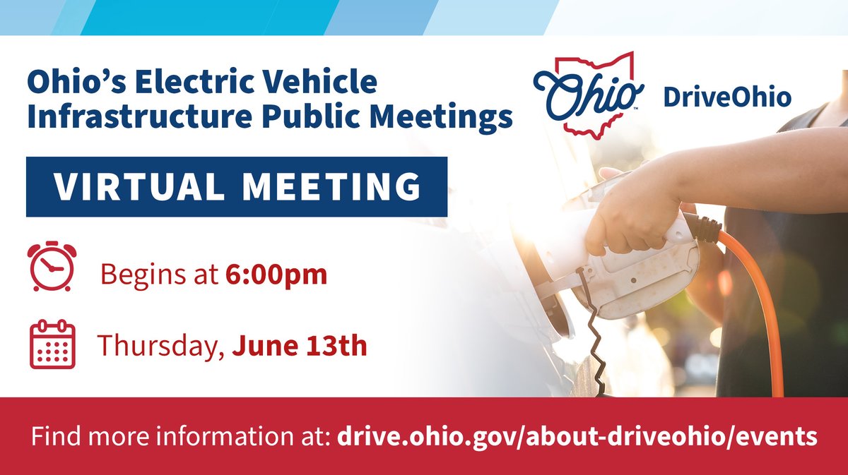 DriveOhio's tweet photo. REMINDER: Join us at 6 PM tonight to discuss updates to Ohio's electric vehicle infrastructure deployment plan and offer feedback on candidate charging locations! Join the virtual meeting at https://t.co/uyBGb9m44V https://t.co/BgX8uCFtp4