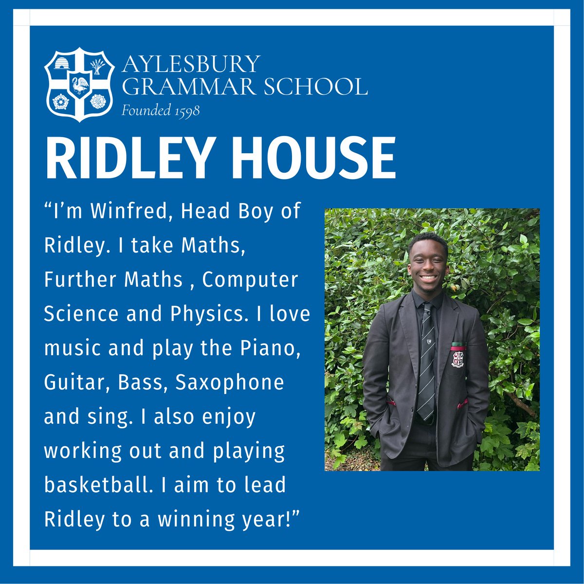 AGSHouses's tweet image. ➡MEET THE LEADERSHIP TEAM⬅
Winfred - Head Boy of #AGSRidley House 🟦

🔵🟩🟡🟪🔴🟦 
#BelongingAndCamaraderie
#DevelopingCharacter

@AGSFounded1598