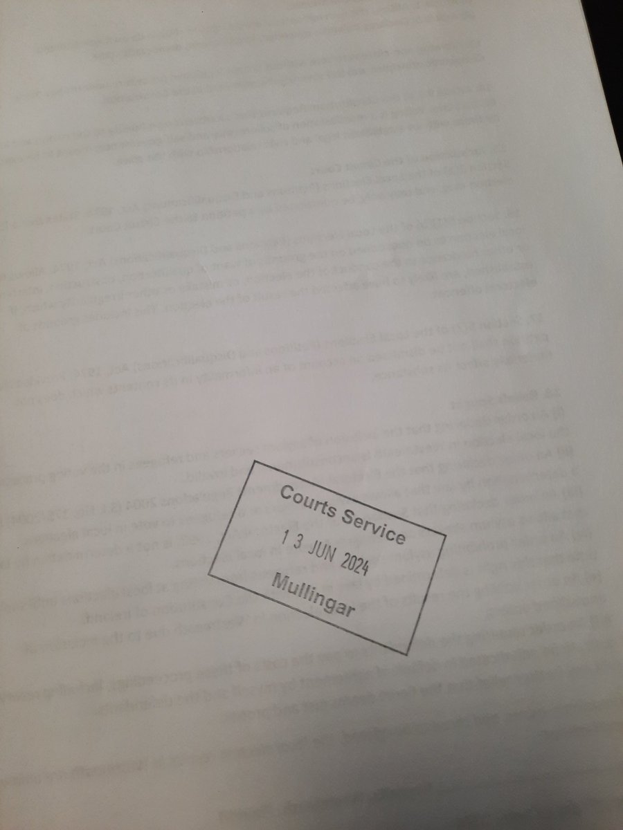PSIA1851's tweet photo. The Election Civil Bill has been lodged at the Mullingar Court Office. The Clerk has taken possession and will ensure everything is in order. Following that, a stamp fee of €130 and a secure deposit of €381 must be paid. This action to strengthen our democracy has now commenced. #ElectionBill #MullingarCourt #Democracy #LegalProcess #CivicDuty #StrengtheningDemocracy