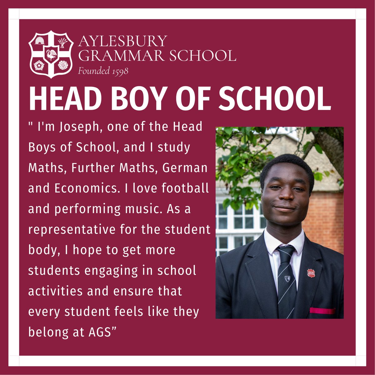 AGSHouses's tweet image. ➡MEET THE LEADERSHIP TEAM⬅
Joseph- Head Boy of School

🔵🟩🟡🟪🔴🟦 
#BelongingAndCamaraderie
#DevelopingCharacter

@AGSFounded1598