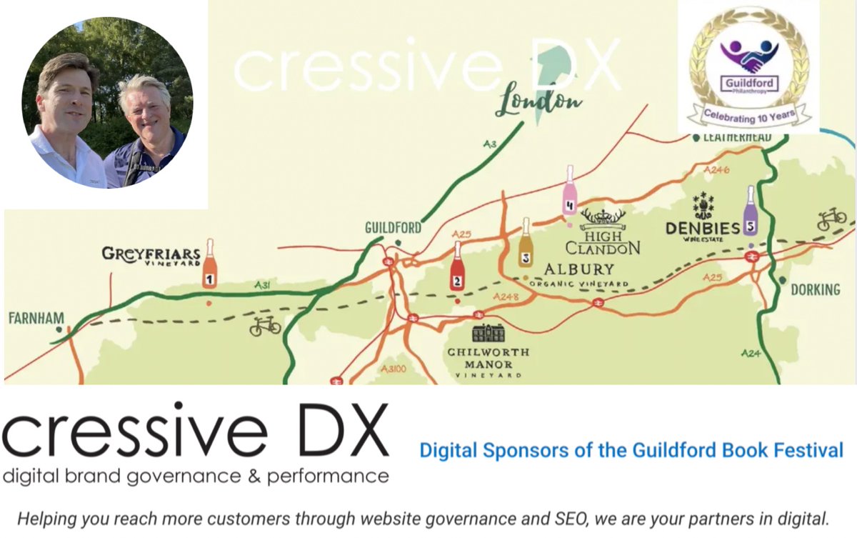 Guildford Book Festival (@gfordbookfest) on Twitter photo This Saturday Richard from our digital sponsor <a href="/cressive/">Cressive DX</a> will be walking the 5 vineyards🍷of the <a href="/SurreyHillsNL/">Surrey Hills National Landscape</a> to raise money for local charities through <a href="/GuildfordPhila1/">Guildford Philanthropy</a> We wish him the very best and hope the 🌧 holds off. To donate visit cfsurrey.enthuse.com/pf/vosh-5-walk This Saturday Richard from our digital sponsor <a href="/cressive/">Cressive DX</a> will be walking the 5 vineyards🍷of the <a href="/SurreyHillsNL/">Surrey Hills National Landscape</a> to raise money for local charities through <a href="/GuildfordPhila1/">Guildford Philanthropy</a> We wish him the very best and hope the 🌧 holds off. To donate visit cfsurrey.enthuse.com/pf/vosh-5-walk