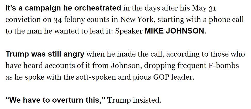 GregTSargent's tweet photo. Striking reporting in @playbookdc today: Mike Johnson and Trump privately discussing ways the House GOP can do something, anything at all, to sabotage his criminal prosecutions and convictions: https://t.co/Vra0iYGQqP