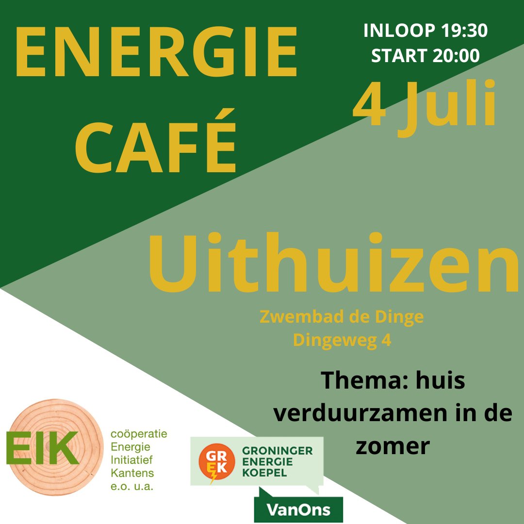 Vandaag alweer het laatste energiecafé in onze zomerreeks. Wil jij horen wat je deze zomer nog kan doen om je huis te verduurzamen? Kom dan naar <a href="/zwembaddedinge/">Zwembad de Dinge</a> in Uithuizen. Ga naar grek.nl/uithuizen voor meer informatie. 
<a href="/HetHogeland/">Gemeente Het Hogeland</a>