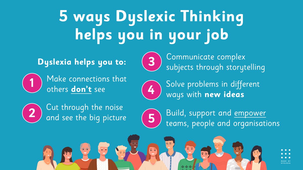 MadeByDyslexia's tweet photo. 1 in 5 people in the workplace are dyslexic. 4 in 5 successful dyslexics attribute #DyslexicThinking to their success.

Empower Dyslexic Thinking at Work with our course:
- It takes just 1 hour
- It's totally FREE
- No need to sign up or subscribe

https://t.co/RS7l3M9TRo https://t.co/sgaEQfY43j
