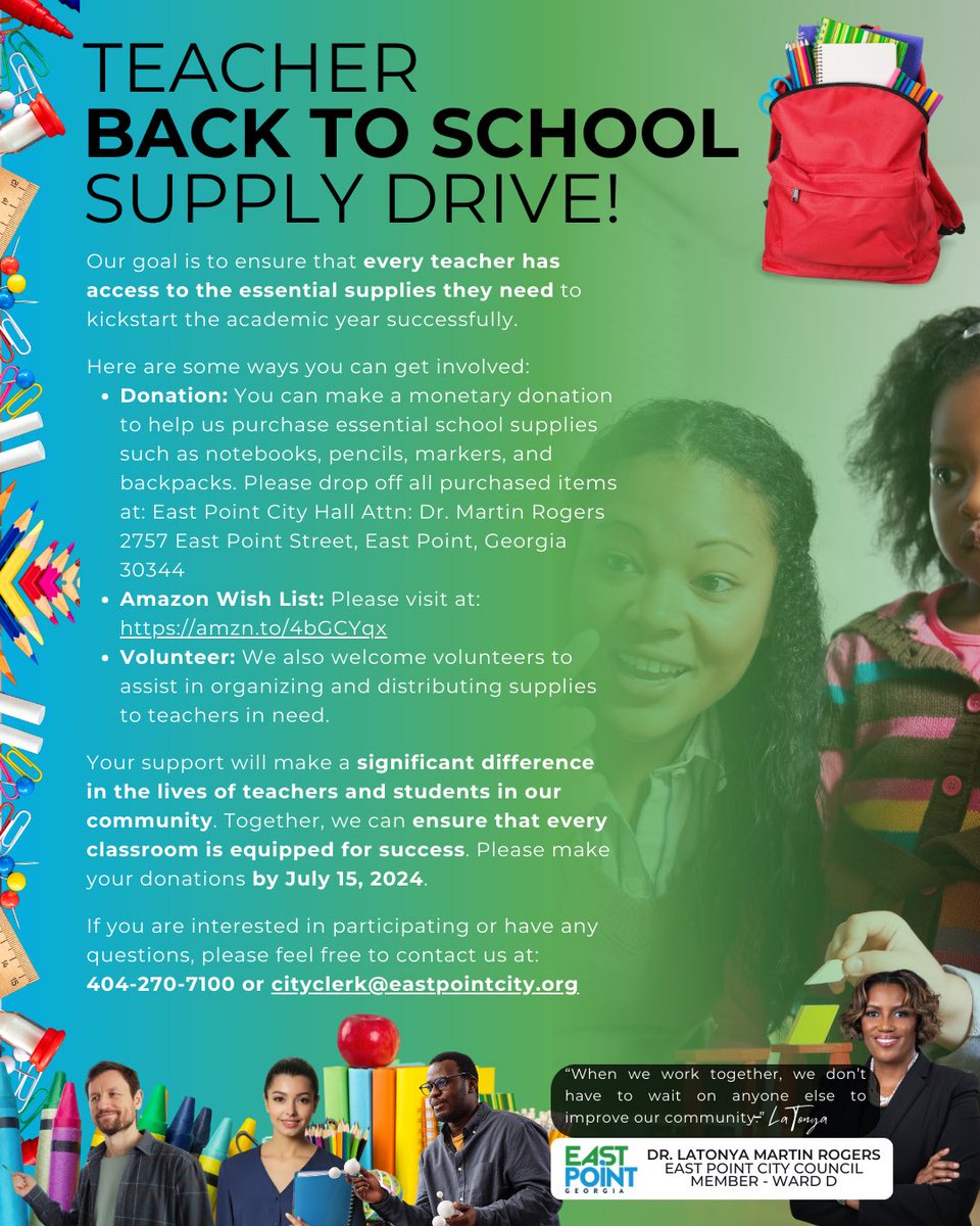 I am committed to supporting educators! 
It is with great enthusiasm that we announce our initiative to support teachers through our Teacher Back to School Supply Drive. 
#teachersrock
#teachersmatter