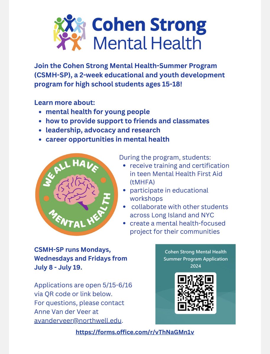 High School Students Wanted for:
Teen Mental Health First Aid Training; offered by Northwell in partnership with the Hispanic Counseling Center.
